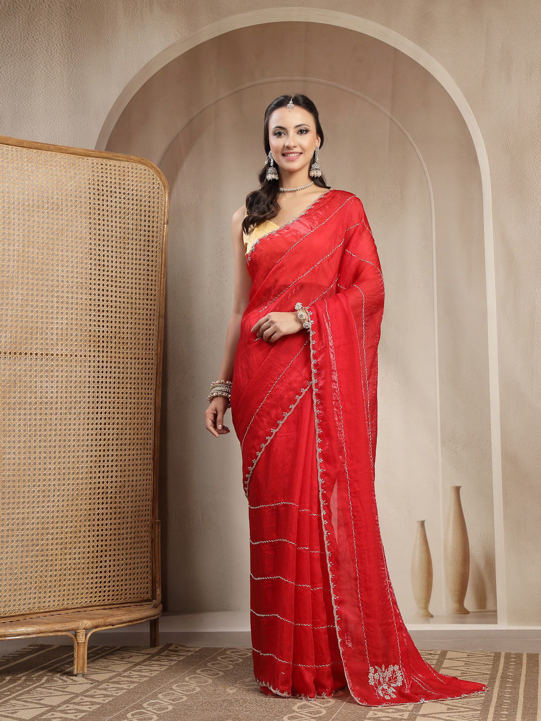 Red Space Silk Saree with Silver Scalloped Cutwork Border - Sukunj