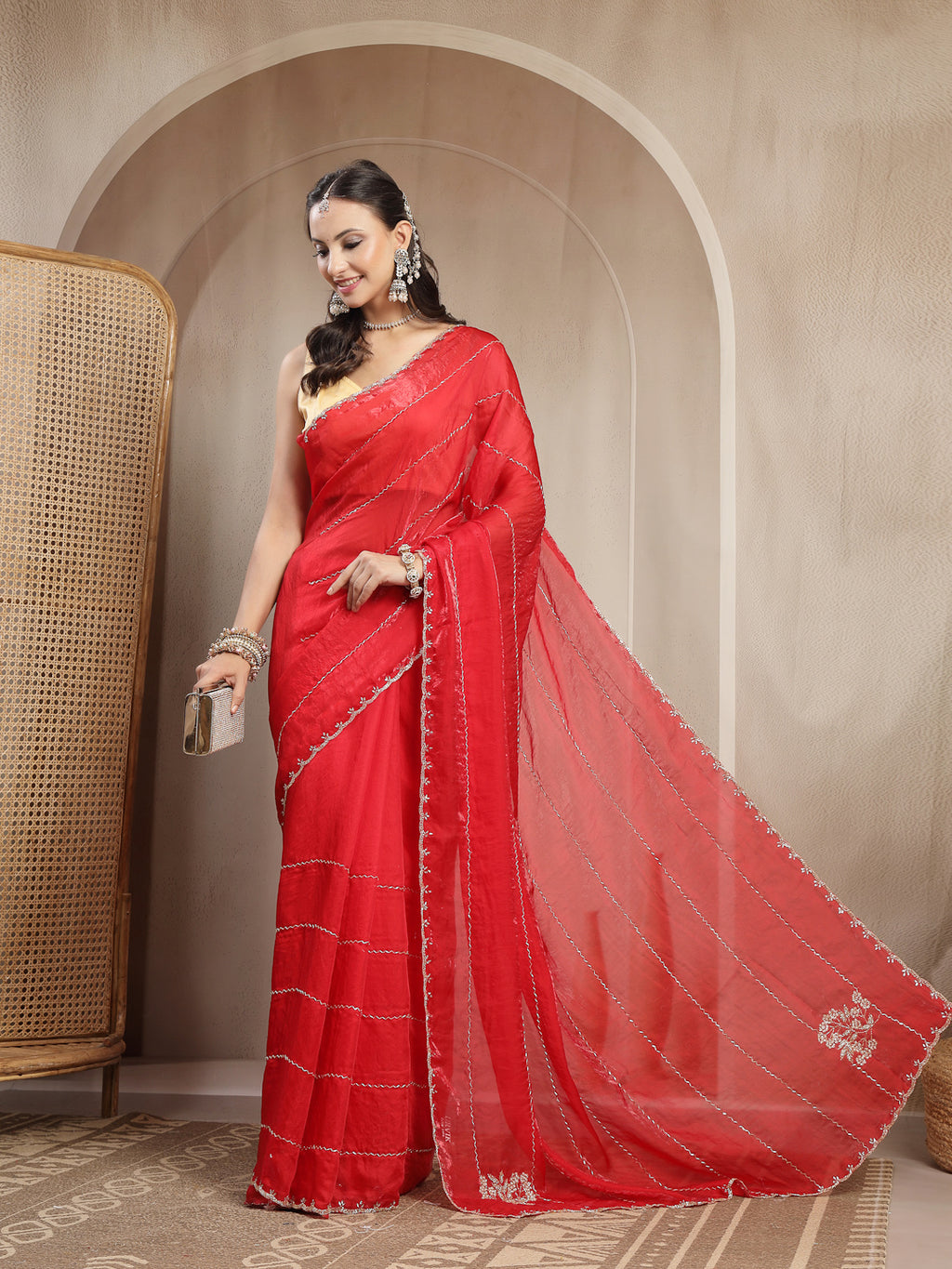 Side Drape View of Vibrant Red Space Silk Partywear Saree