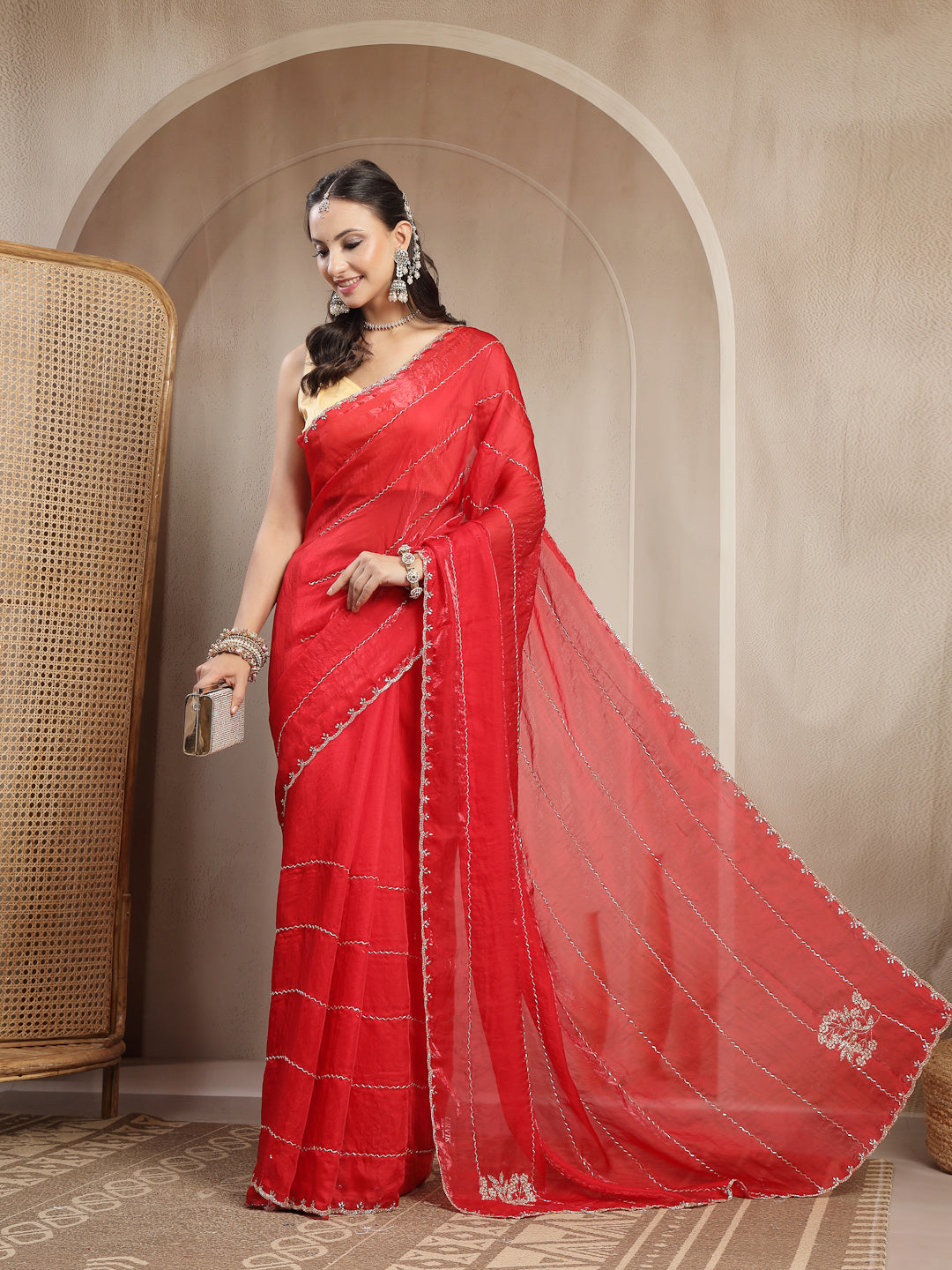Side Drape View of Vibrant Red Space Silk Partywear Saree