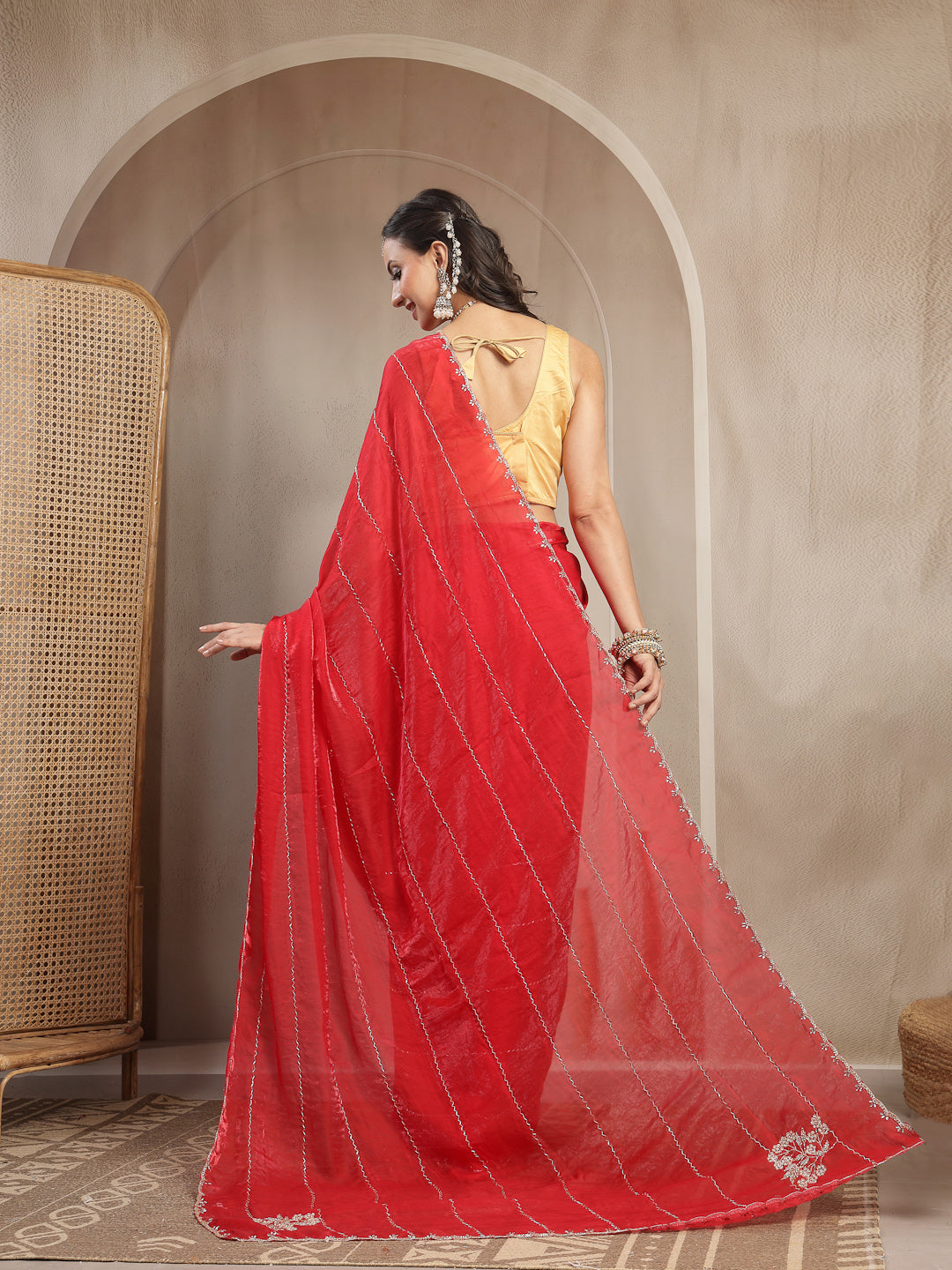 Back Drape View of Red Space Silk Cutwork Border Saree