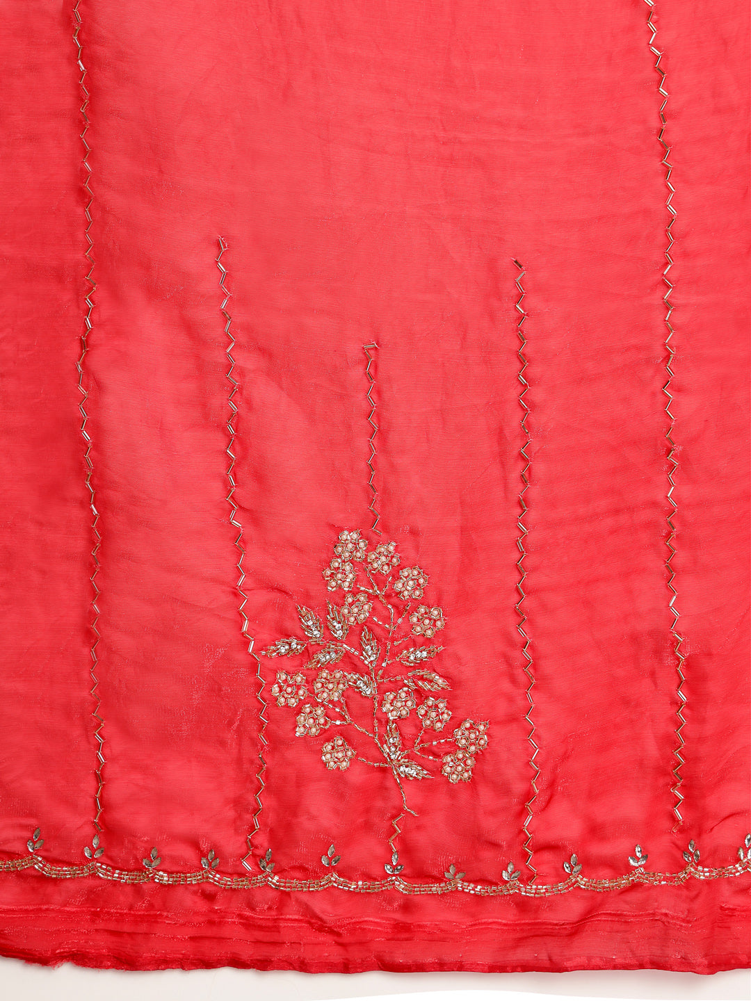 Close up Shot of Floral Embroidered Motif on Red Silk Pallu Corner