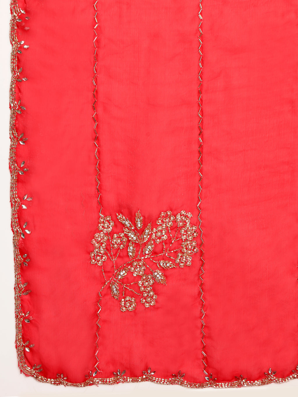 Close up View of Silver Scalloped Cutwork Border on Red Space Silk
