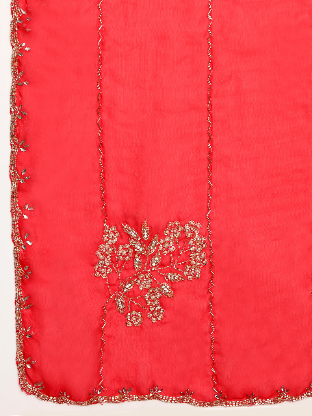 Close up View of Silver Scalloped Cutwork Border on Red Space Silk