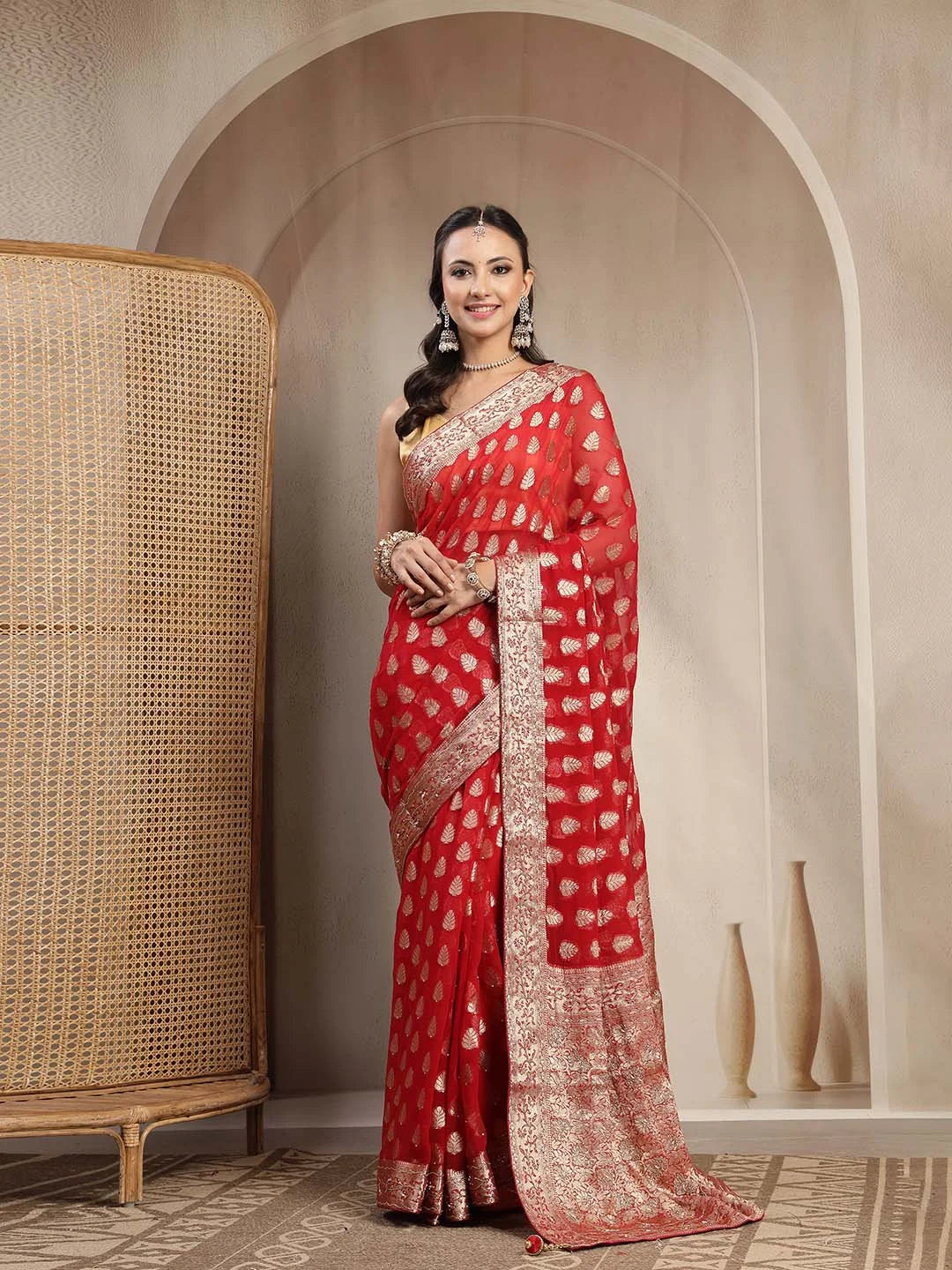 Red Pure Khaddi Georgette Saree with Heavy Gold Zari Brocade Border - Sukunj