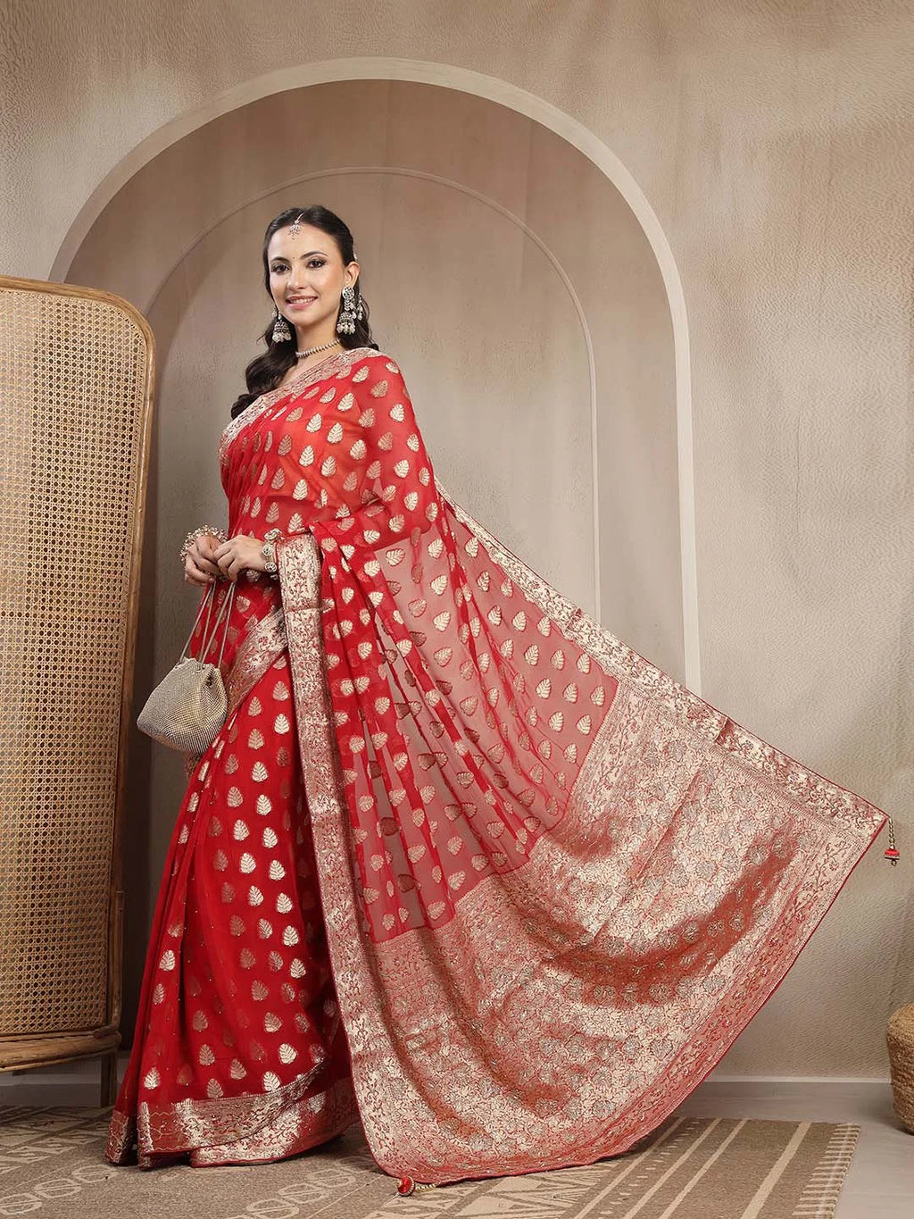 Side View of Regal Red Khaddi Georgette Bridal Saree