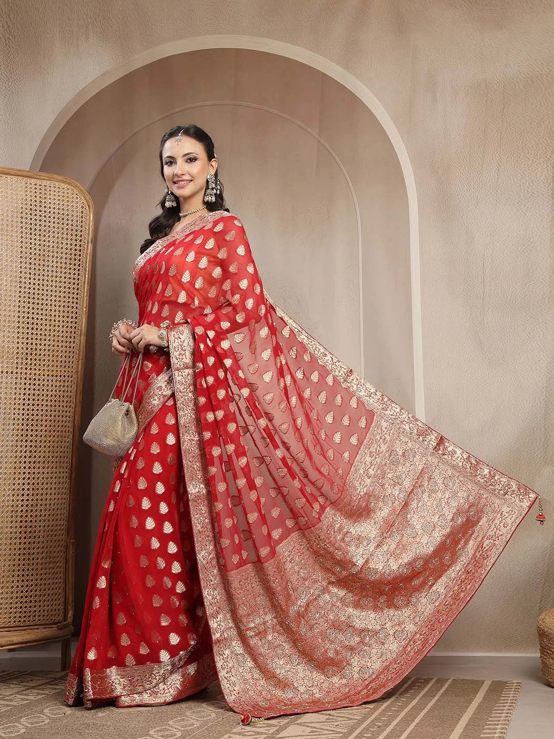 Side View of Regal Red Khaddi Georgette Bridal Saree