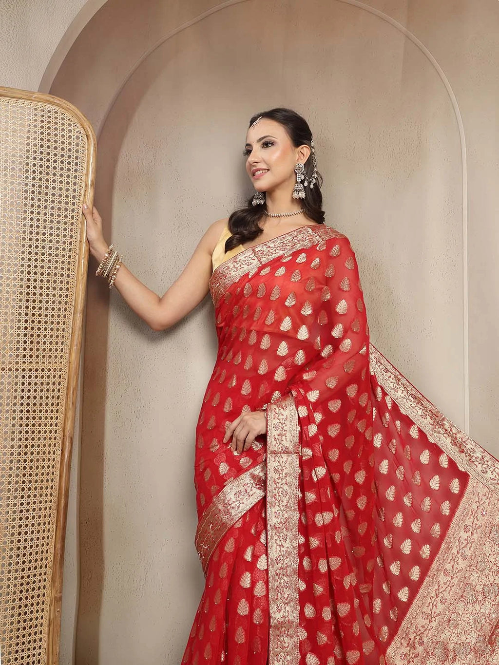 Model Wearing Red Khaddi Georgette Saree with Dabka Handwork