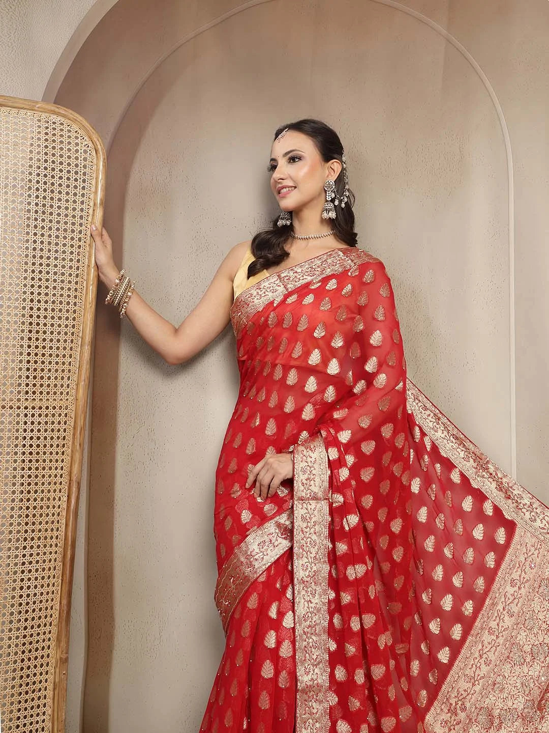 Model Wearing Red Khaddi Georgette Saree with Dabka Handwork
