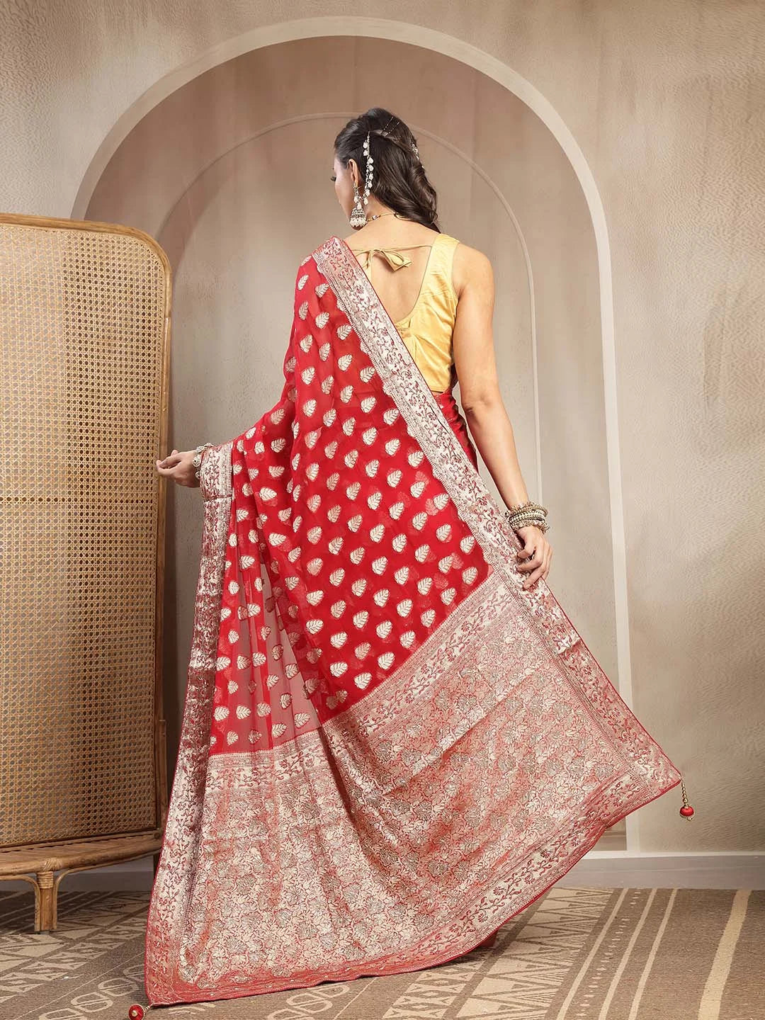 Back View and Graceful Drape of Red Pure Georgette Saree