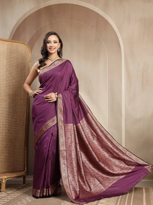 Wine Banarasi Silk Saree with Antique Gold Zari Border - Sukunj