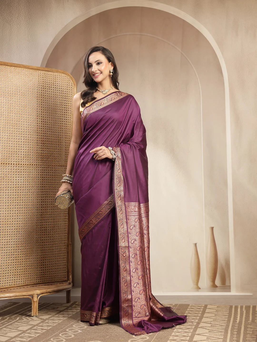 Side Drape View of Wine Silk Saree with Paisley Floral Vine Patterns