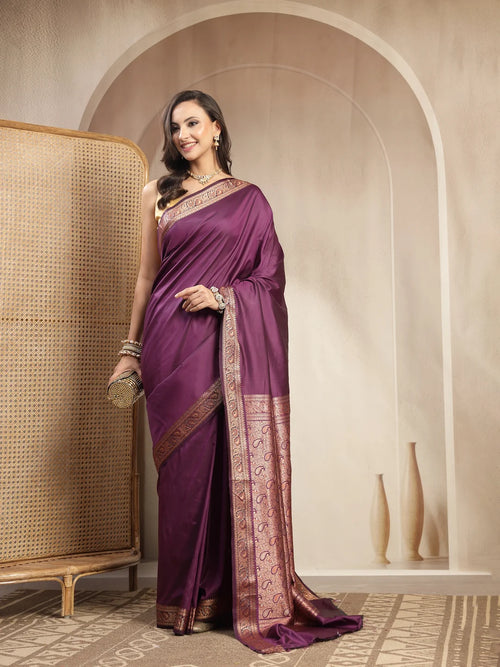 Side Drape View of Wine Silk Saree with Paisley Floral Vine Patterns