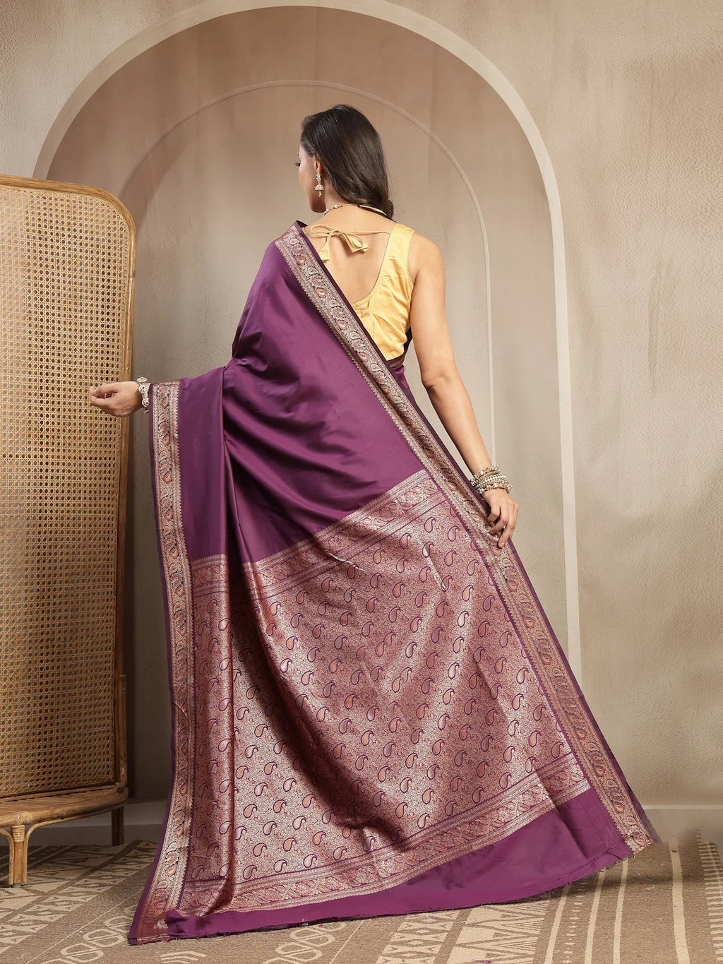 Back Drape and Pallu Fall View of Wine Banarasi Silk Saree