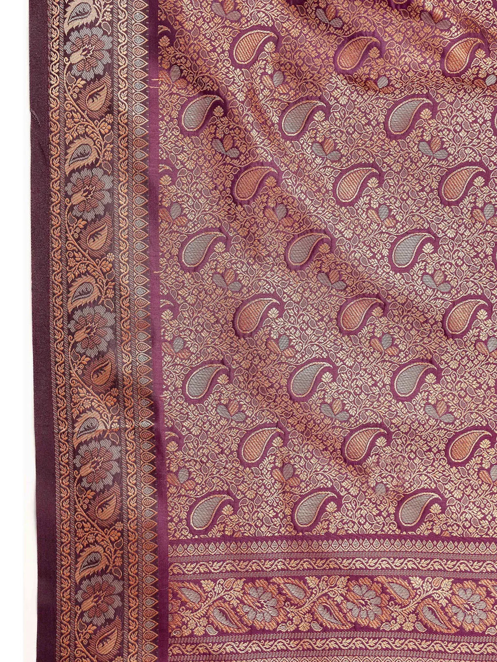 Close up Shot of Antique Gold Zari Paisley Kalga Motifs on Pallu