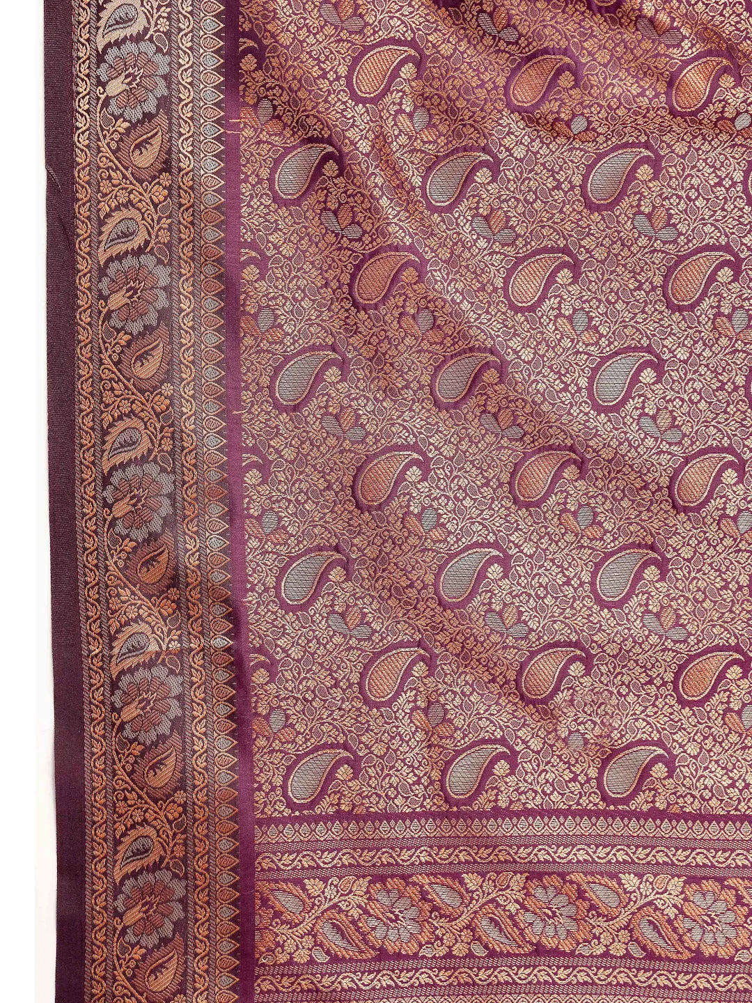 Close up Shot of Antique Gold Zari Paisley Kalga Motifs on Pallu
