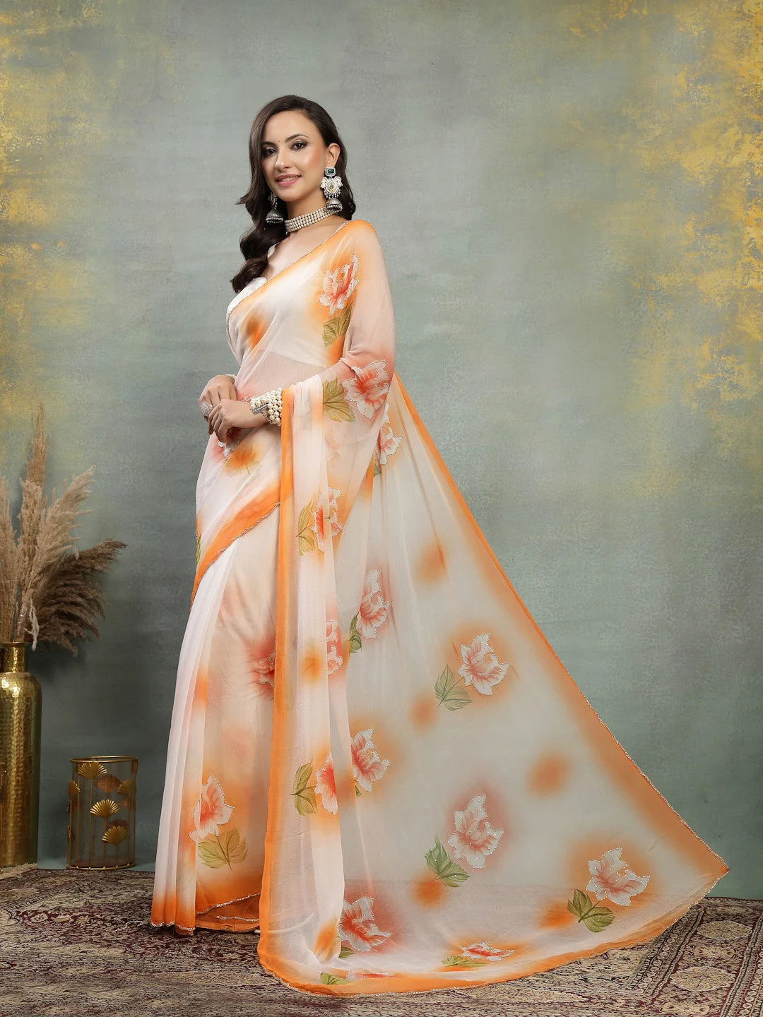 White and Orange Semi Chiffon Saree with Handpainted Lotus Print - Sukunj