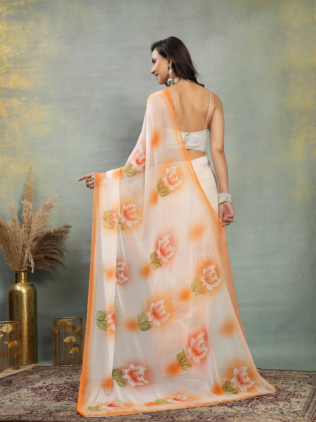 Back Drape View of Lightweight White and Orange Floral Chiffon Saree
