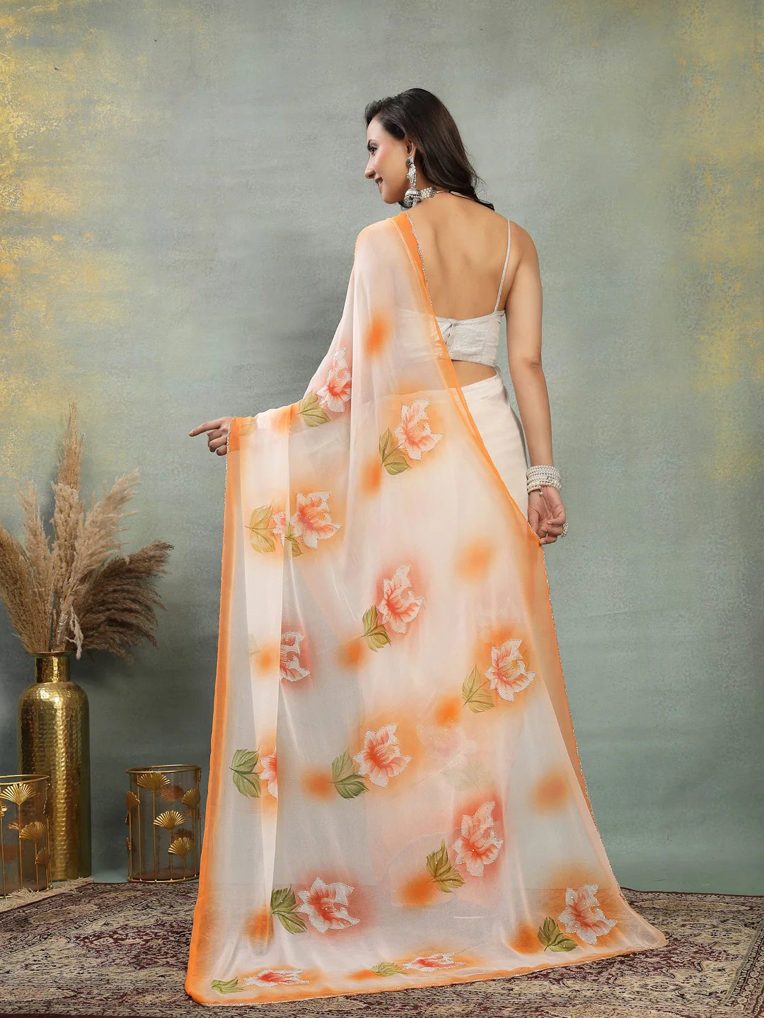 Back Drape View of Lightweight White and Orange Floral Chiffon Saree