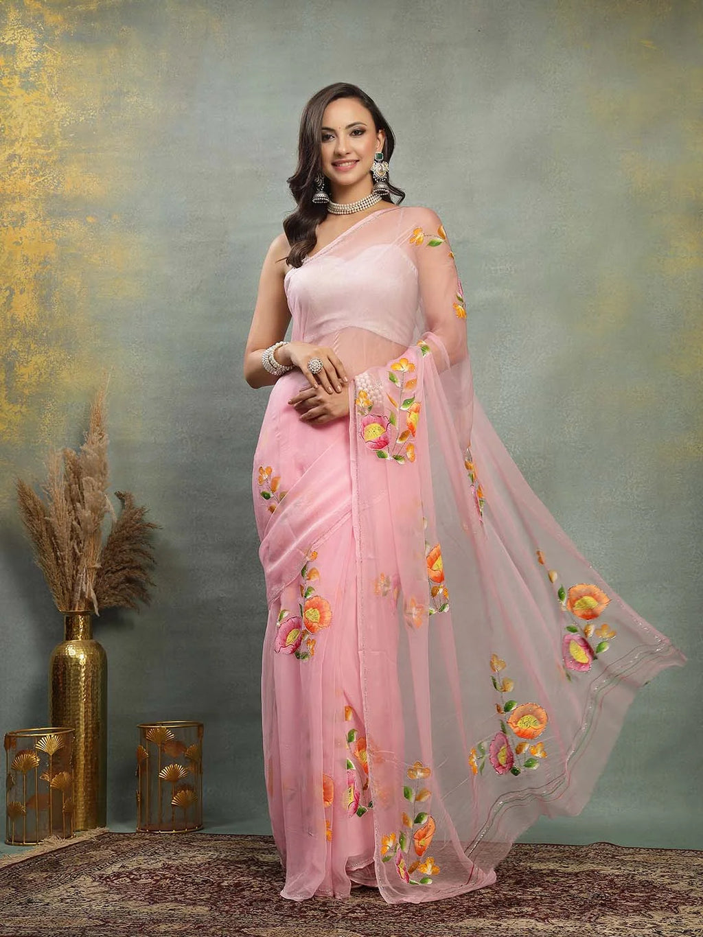 Baby Pink Pure Chiffon Saree with Handpainted Floral Motifs and Cutdana - Sukunj