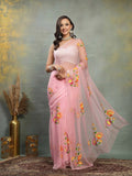 Baby Pink Pure Chiffon Saree with Handpainted Floral Motifs and Cutdana - Sukunj