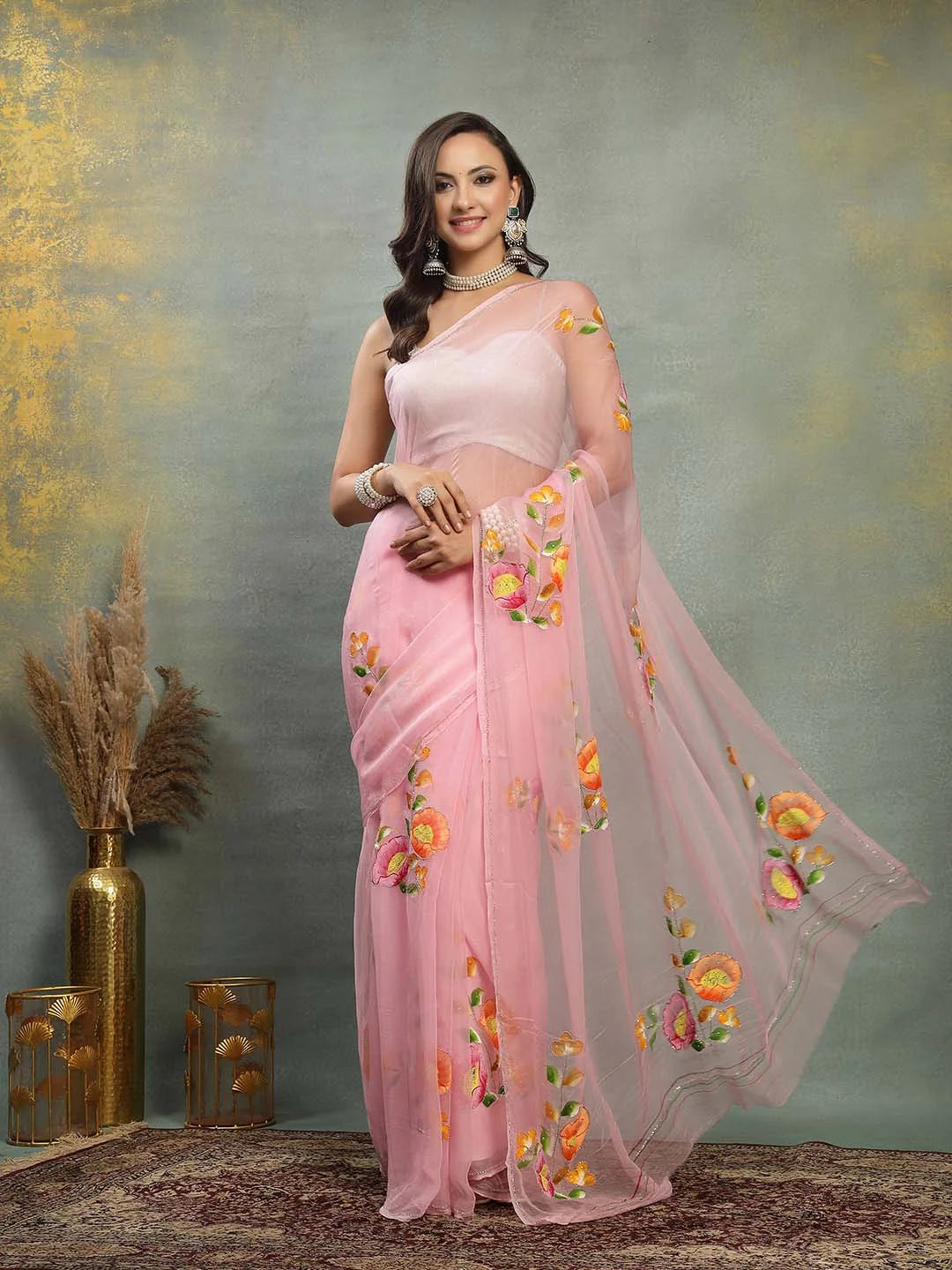 Baby Pink Pure Chiffon Saree with Handpainted Floral Motifs and Cutdana - Sukunj