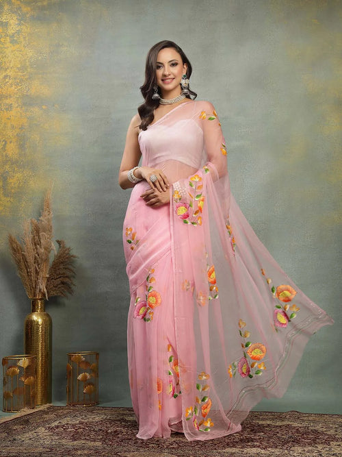 Baby Pink Pure Chiffon Saree with Handpainted Floral Motifs and Cutdana - Sukunj