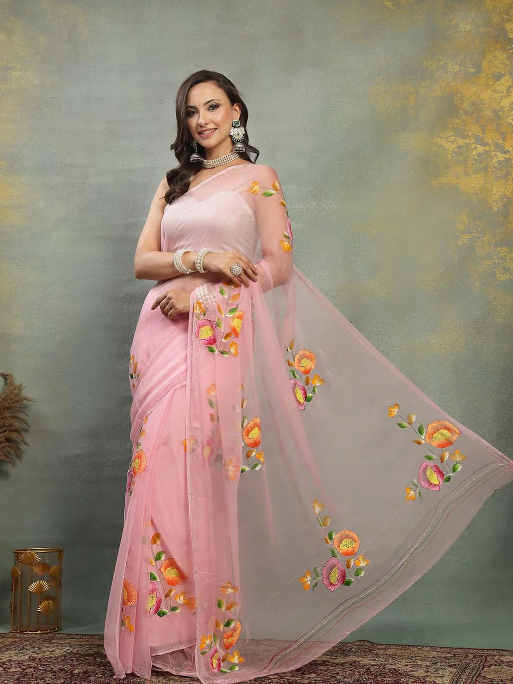 Side View of Soft Pastel Pink Handpainted Chiffon Saree