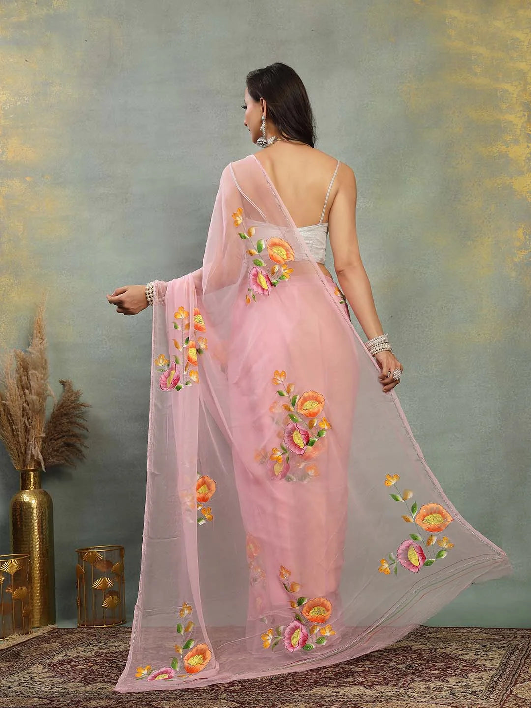 Back Drape View of Delicate Baby Pink Chiffon Saree