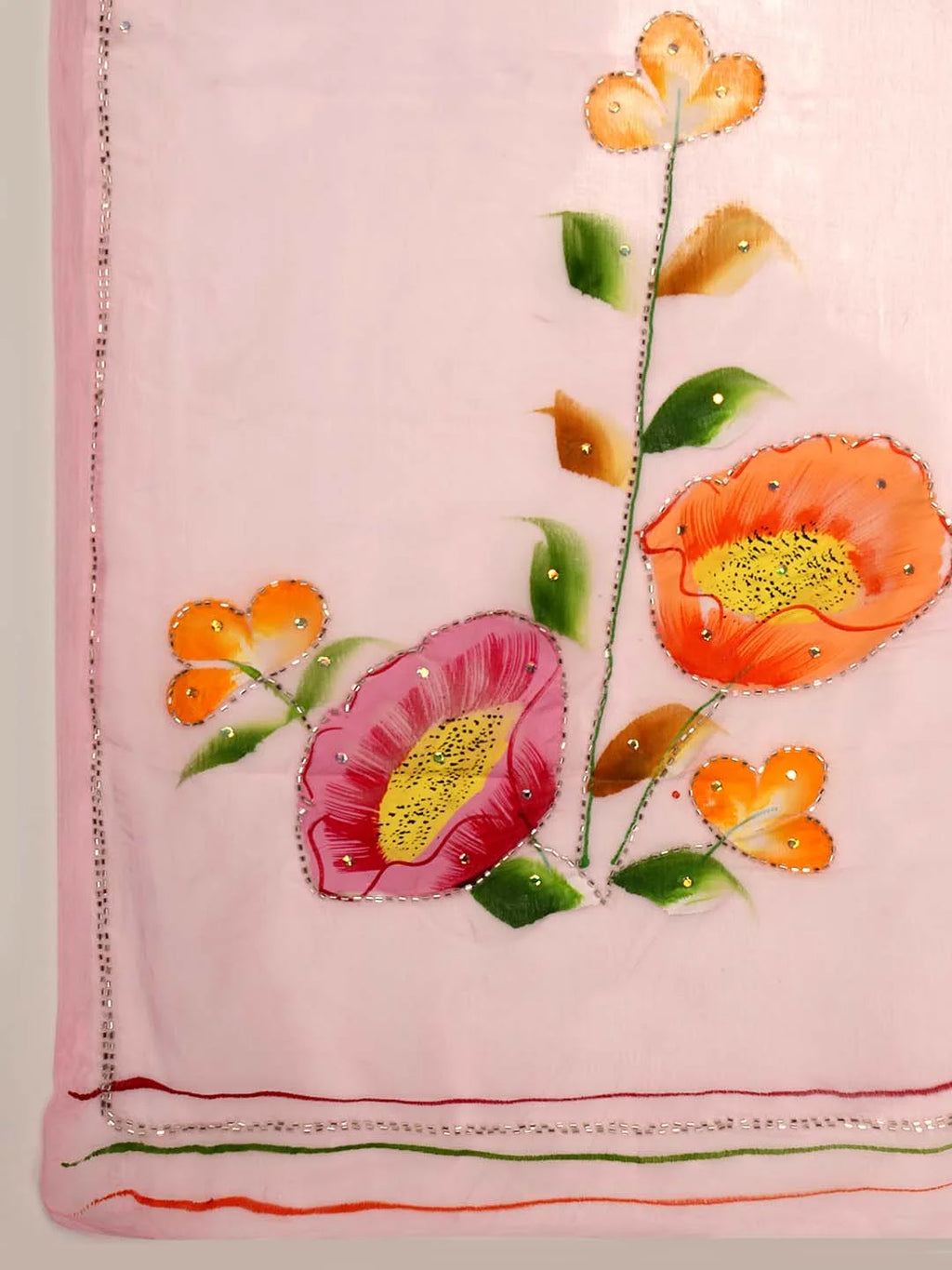 Close up Shot of Multicolour Floral Handpainting with Cutdana Work