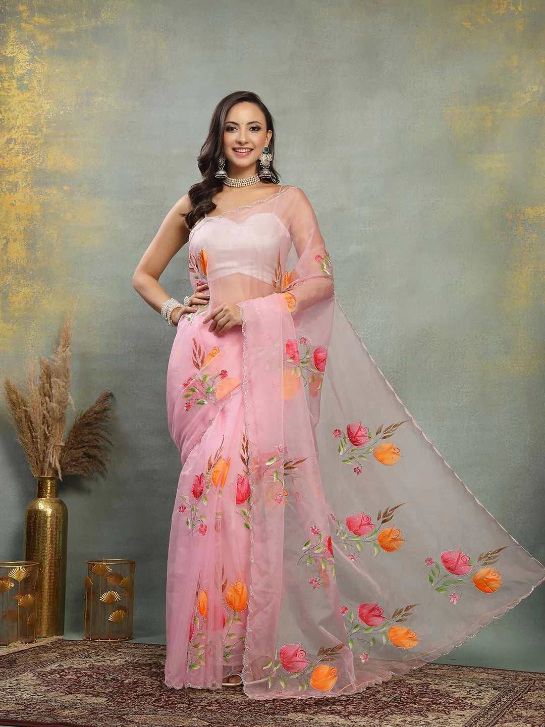 Baby Pink Organza Tissue Saree with Handpainted Red and Orange Rose Motifs - Sukunj