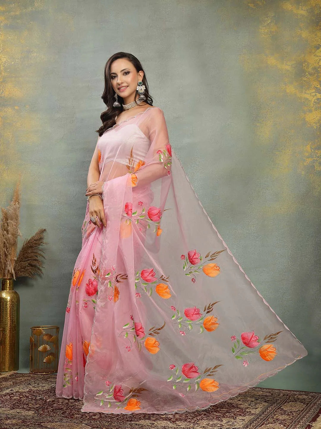 Side Drape View of Soft Baby Pink Handpainted Organza Saree