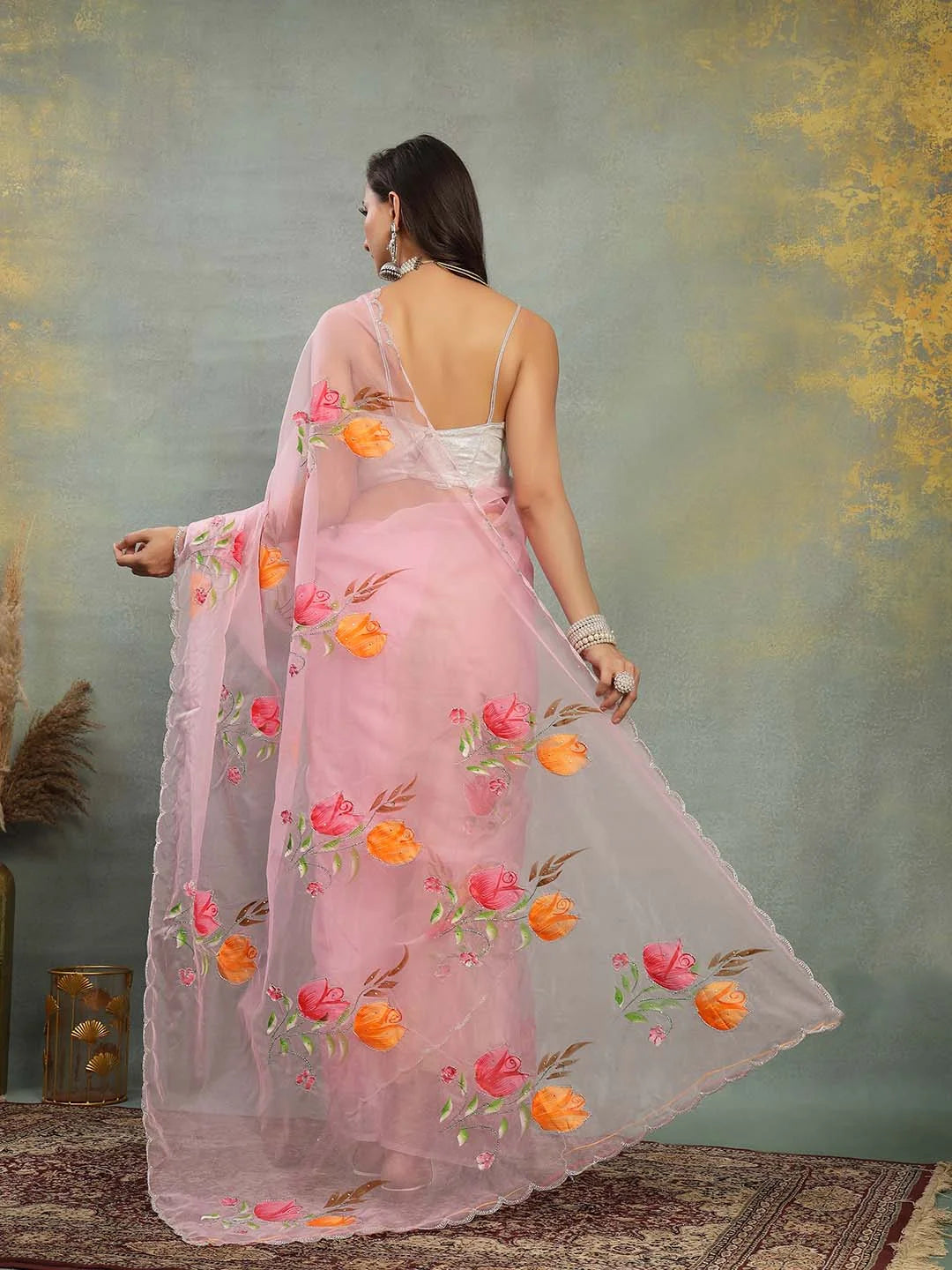 Back Drape View of Lightweight Pastel Pink Organza Saree