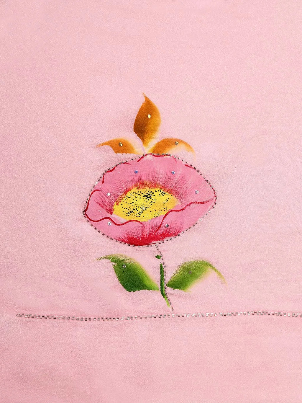 Close up View of Single Handpainted Floral Bloom on Baby Pink Chiffon