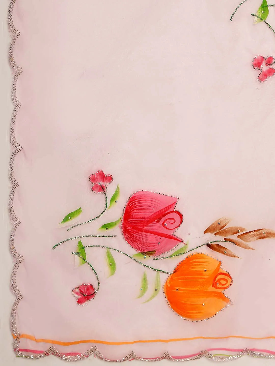 Close up Shot of Delicate Handpainted Floral Border on Organza