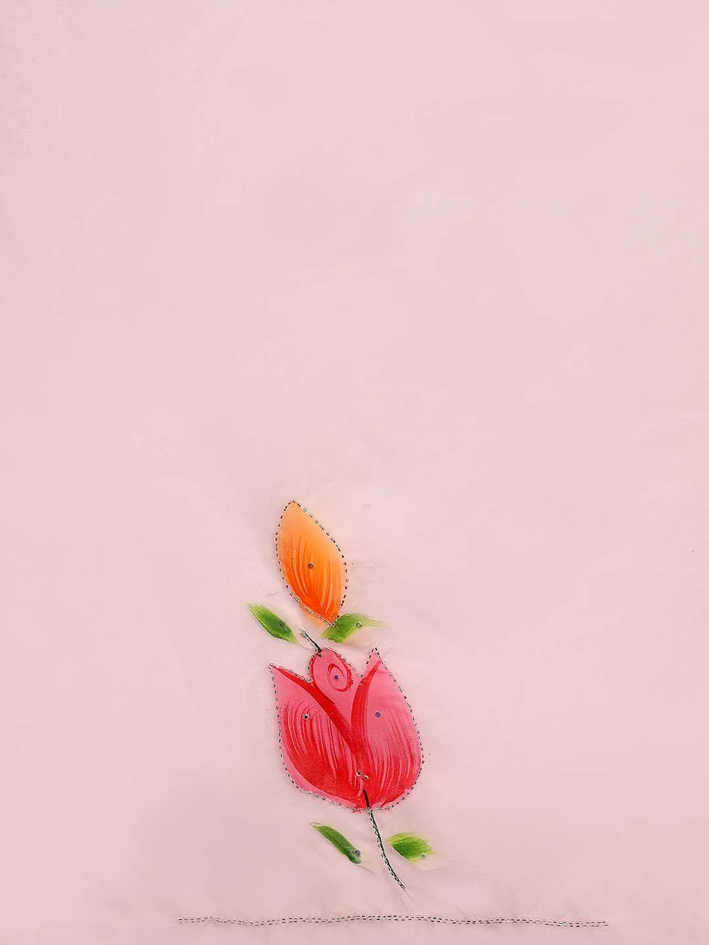 Close up View of Handpainted Red Rose Motif on Baby Pink Tissue Fabric