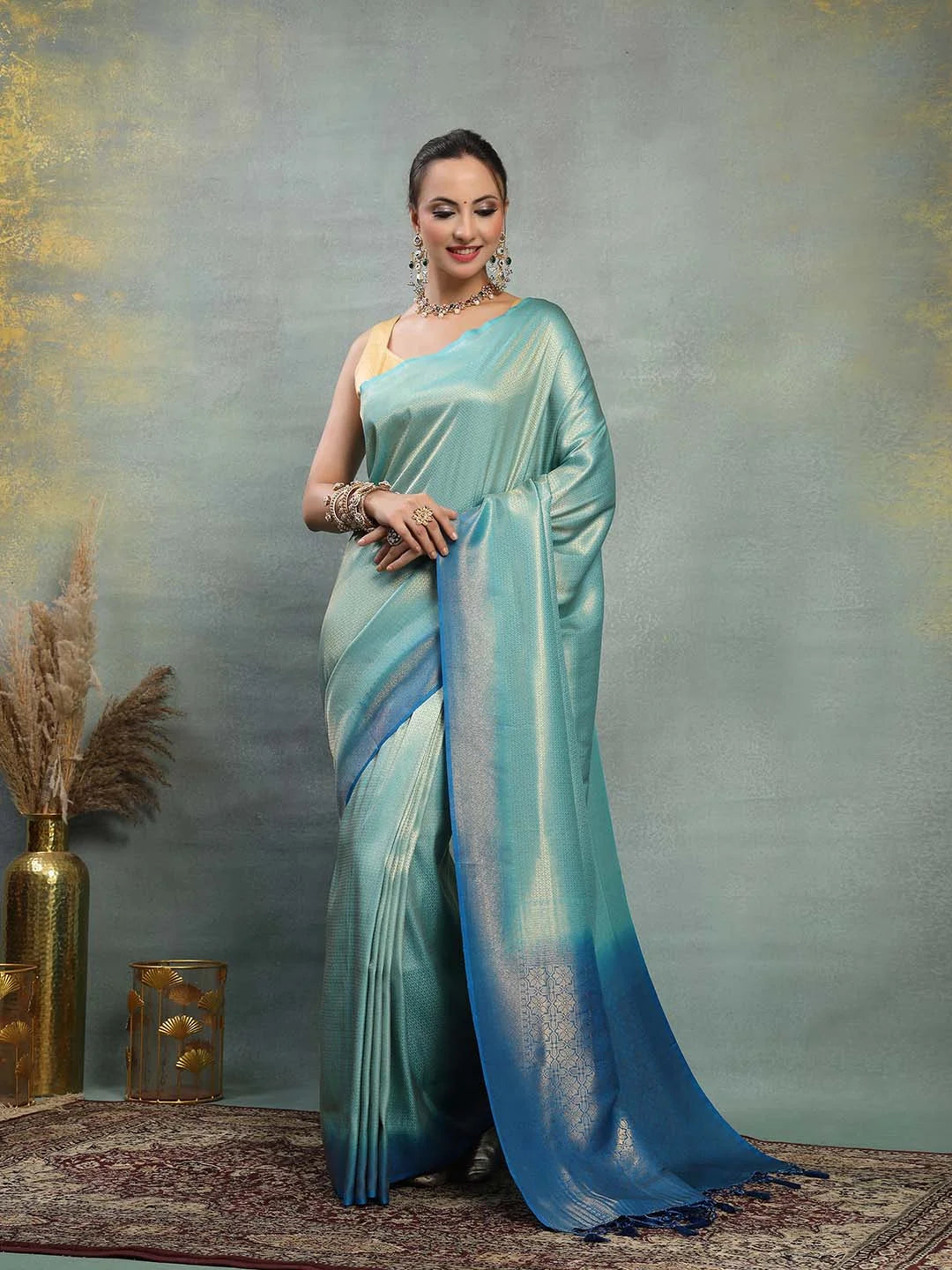 Firozi Sea Green Soft Kanjivaram Banarasi Silk Saree with Royal Blue Border - Sukunj
