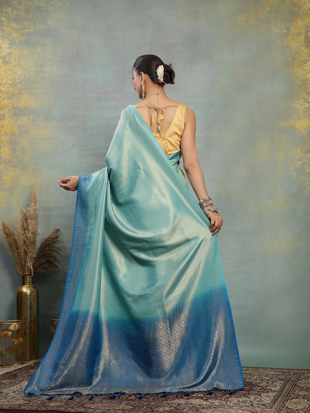 Back Drape View of Deep Blue Woven Pallu on Firozi Silk Saree
