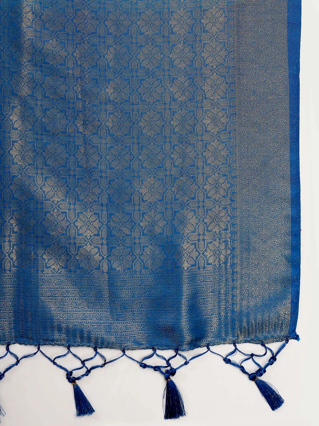 Close up View of Deep Blue Woven Pallu with Elegant Tassel Detailing