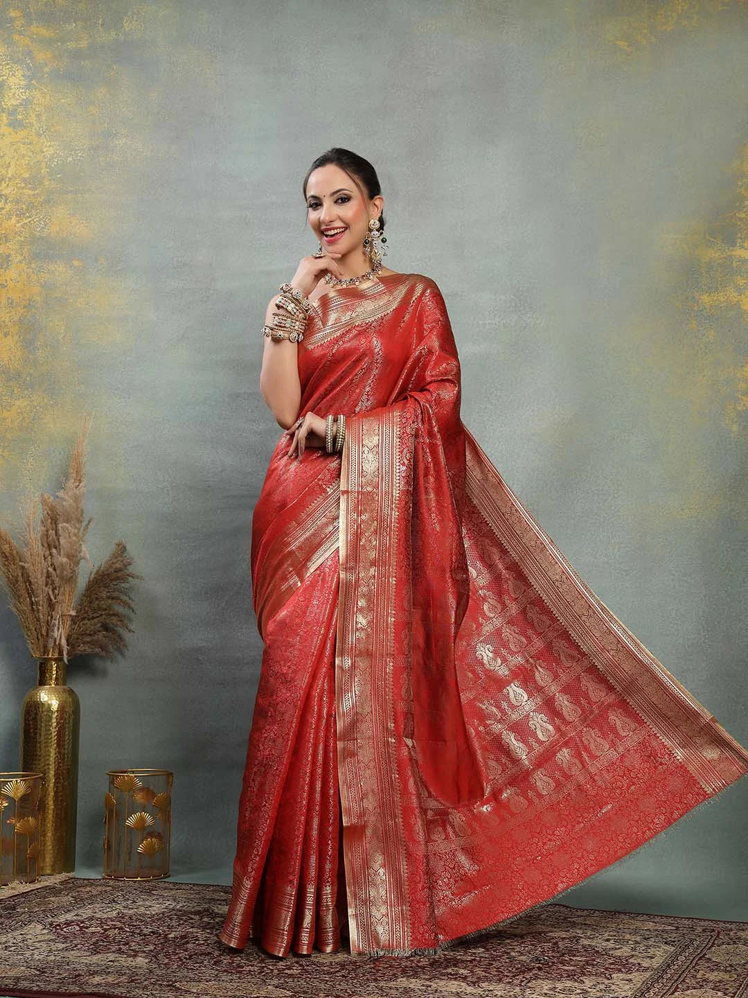 Red Banarasi Silk Saree with Fine Gold Zari Stripes and Brocade Border - Sukunj