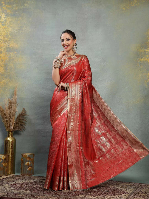 Red Banarasi Silk Saree with Fine Gold Zari Stripes and Brocade Border - Sukunj