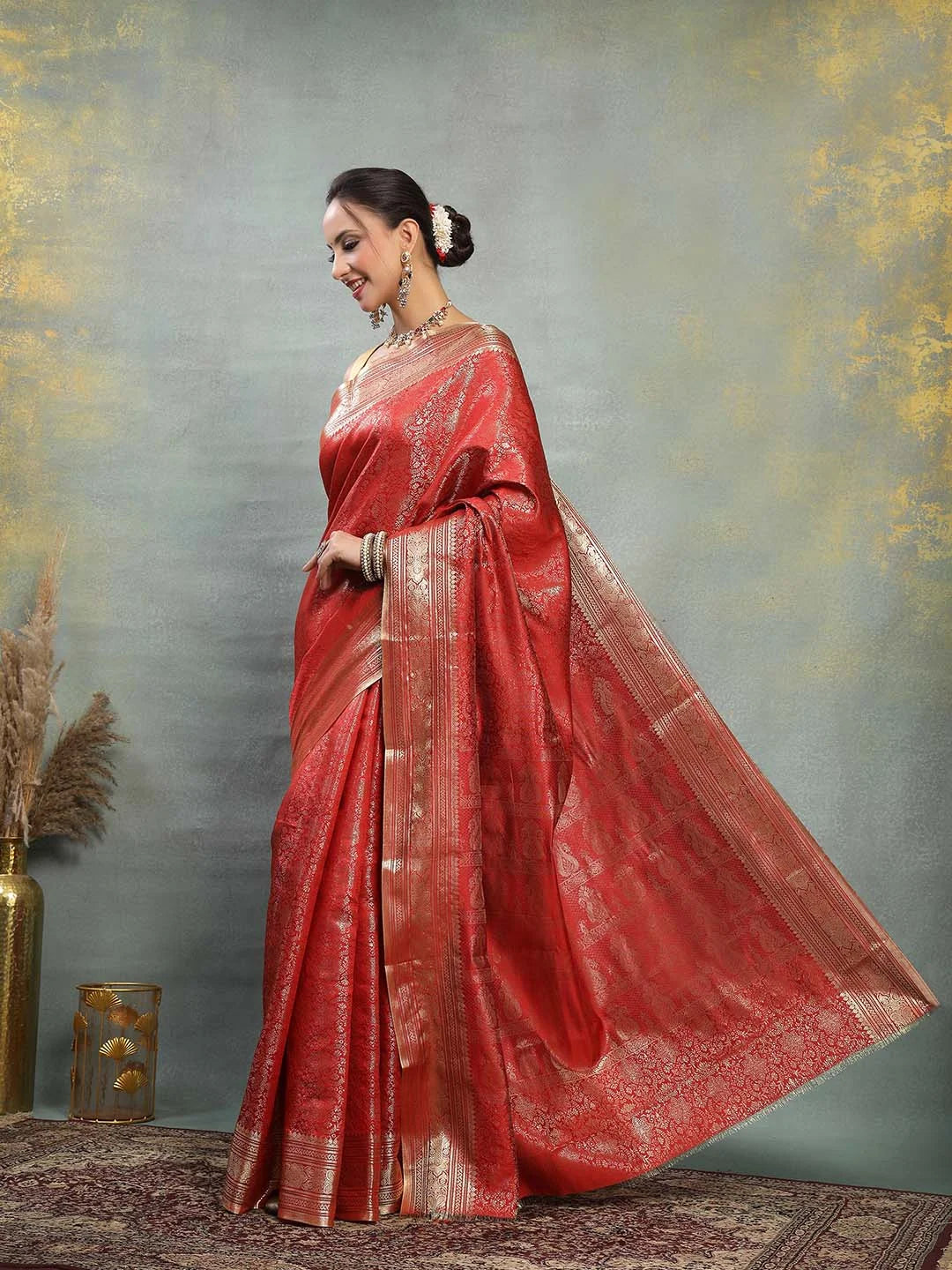 Side View of Rich Red Banarasi Silk Saree with Wide Gold Border