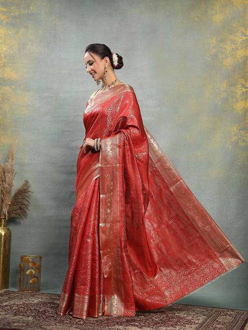 Side View of Rich Red Banarasi Silk Saree with Wide Gold Border