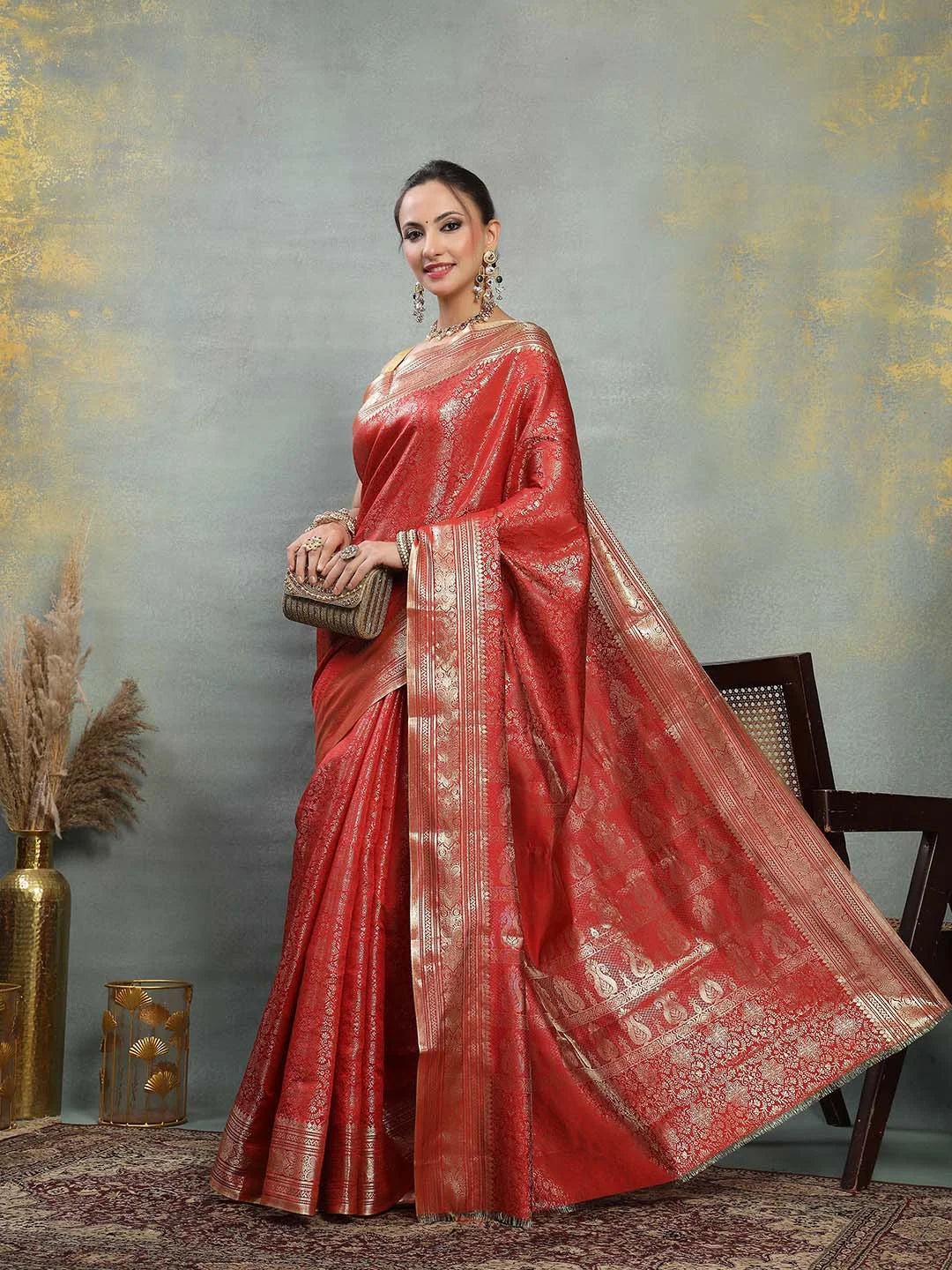 Full Length Shot of Red and Gold Banarasi Silk Saree for Weddings