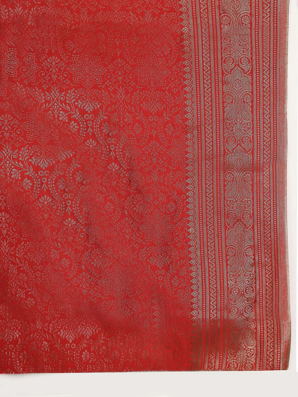 Close up Shot of Gold Zari Stripes and Woven Texture on Red Silk