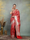 Red Banarasi Silk Bridal Saree with Silver Zari Jaal Weaving and Stone Work - Sukunj
