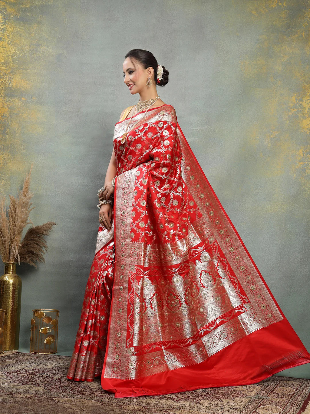 Back Drape View of Rich Red Banarasi Bridal Silk Saree