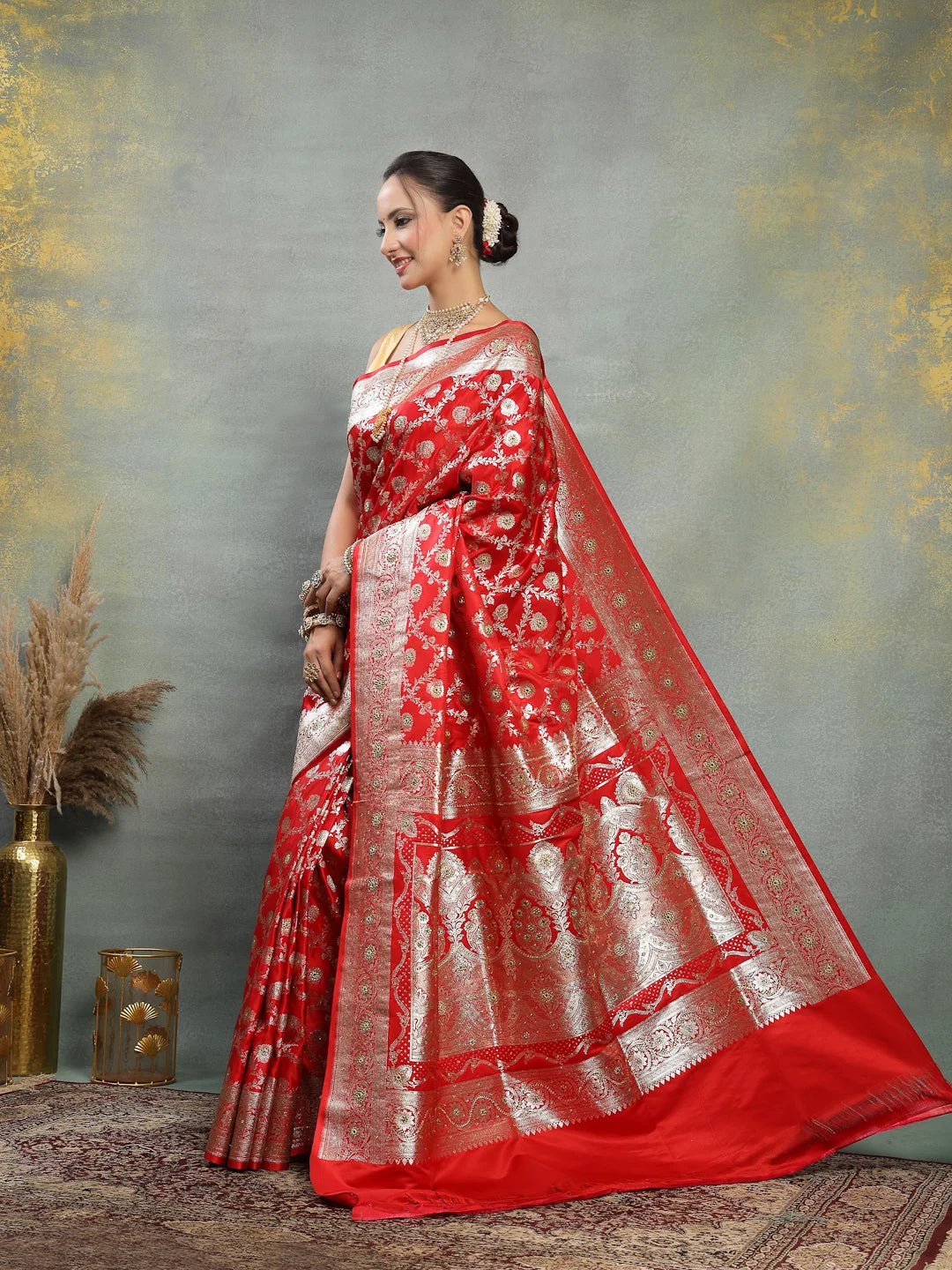Back Drape View of Rich Red Banarasi Bridal Silk Saree