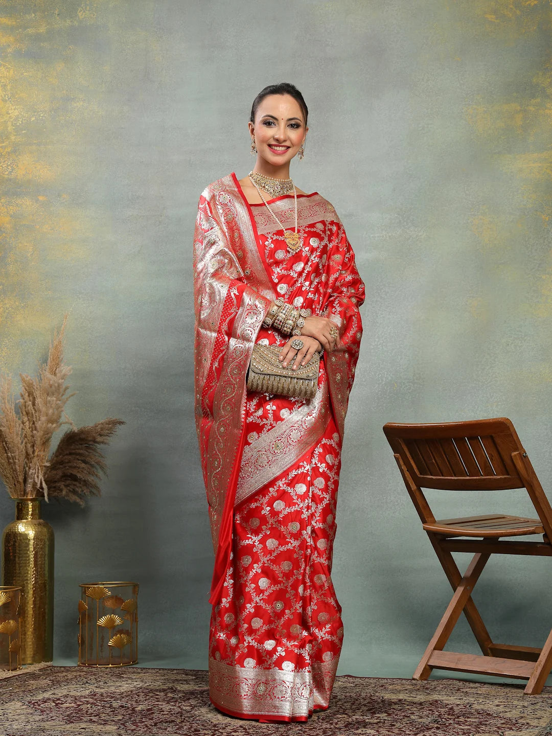 Side Drape View of Regal Red Banarasi Bridal Silk Saree