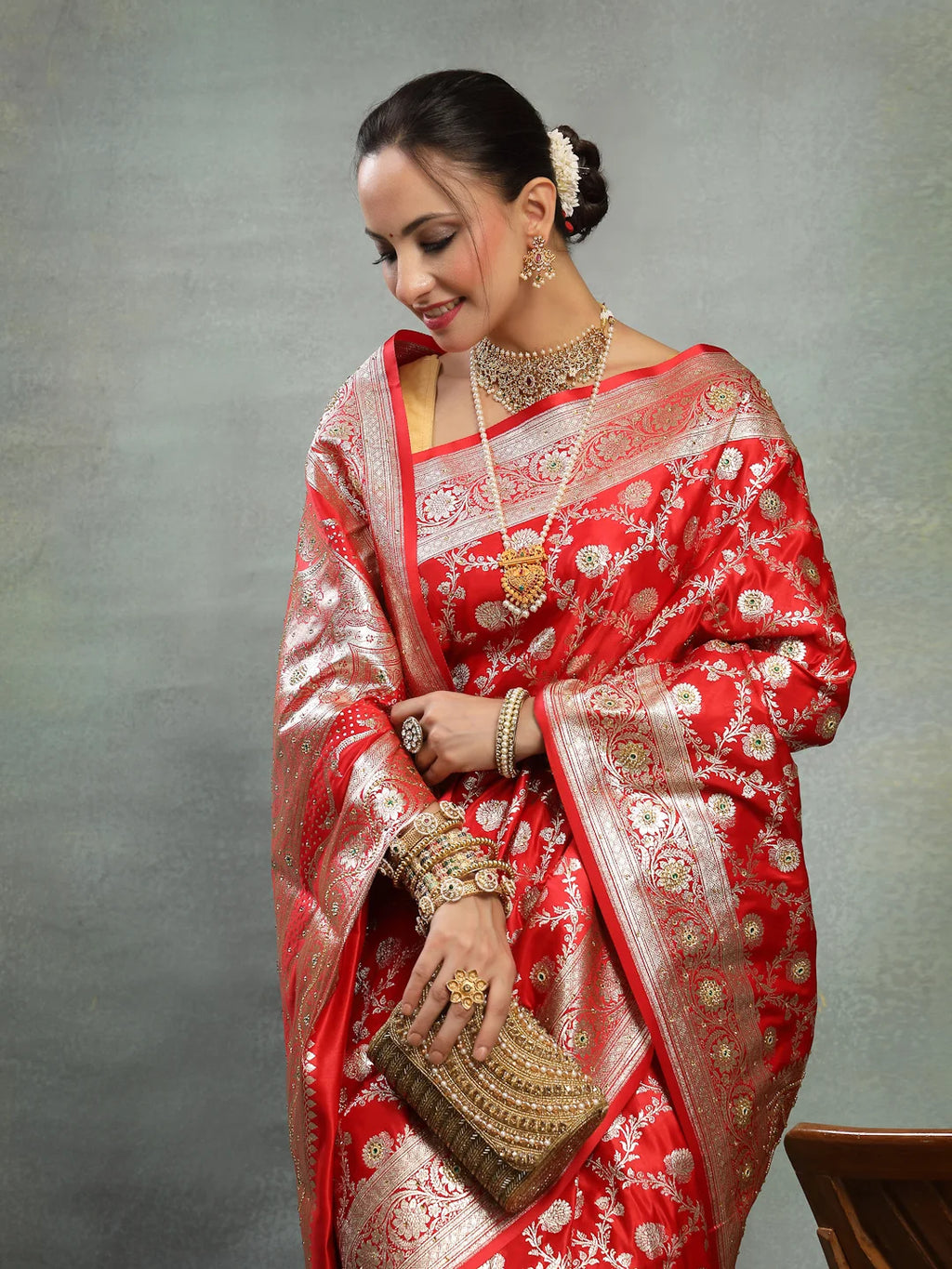 Model Portrait Wearing Red Silver Zari Stone Work Banarasi Saree