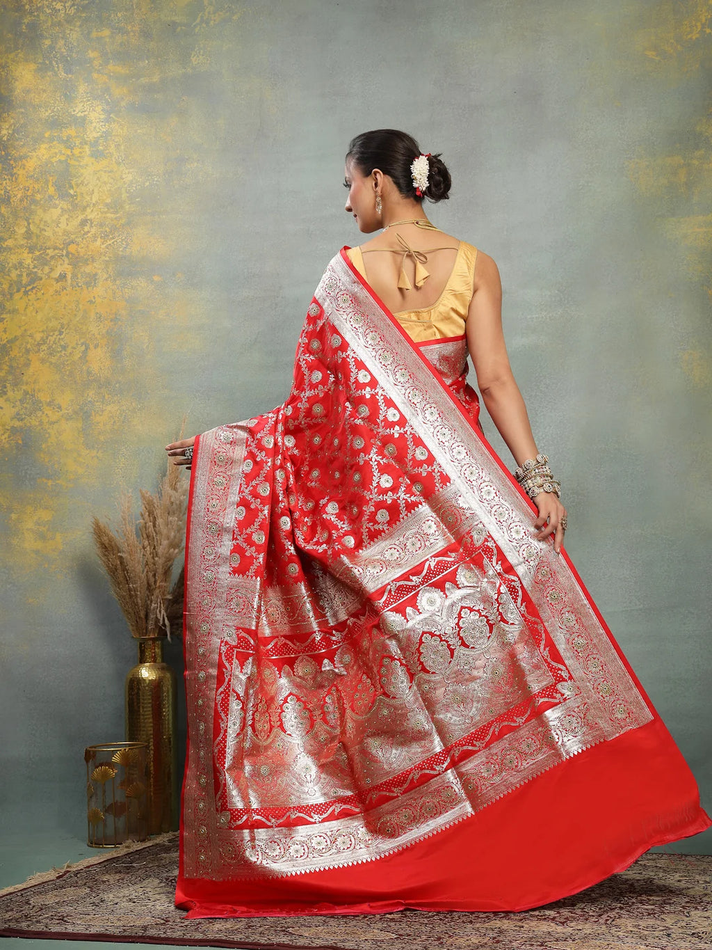 Full Length View of Heavy Red Banarasi Silk Wedding Saree